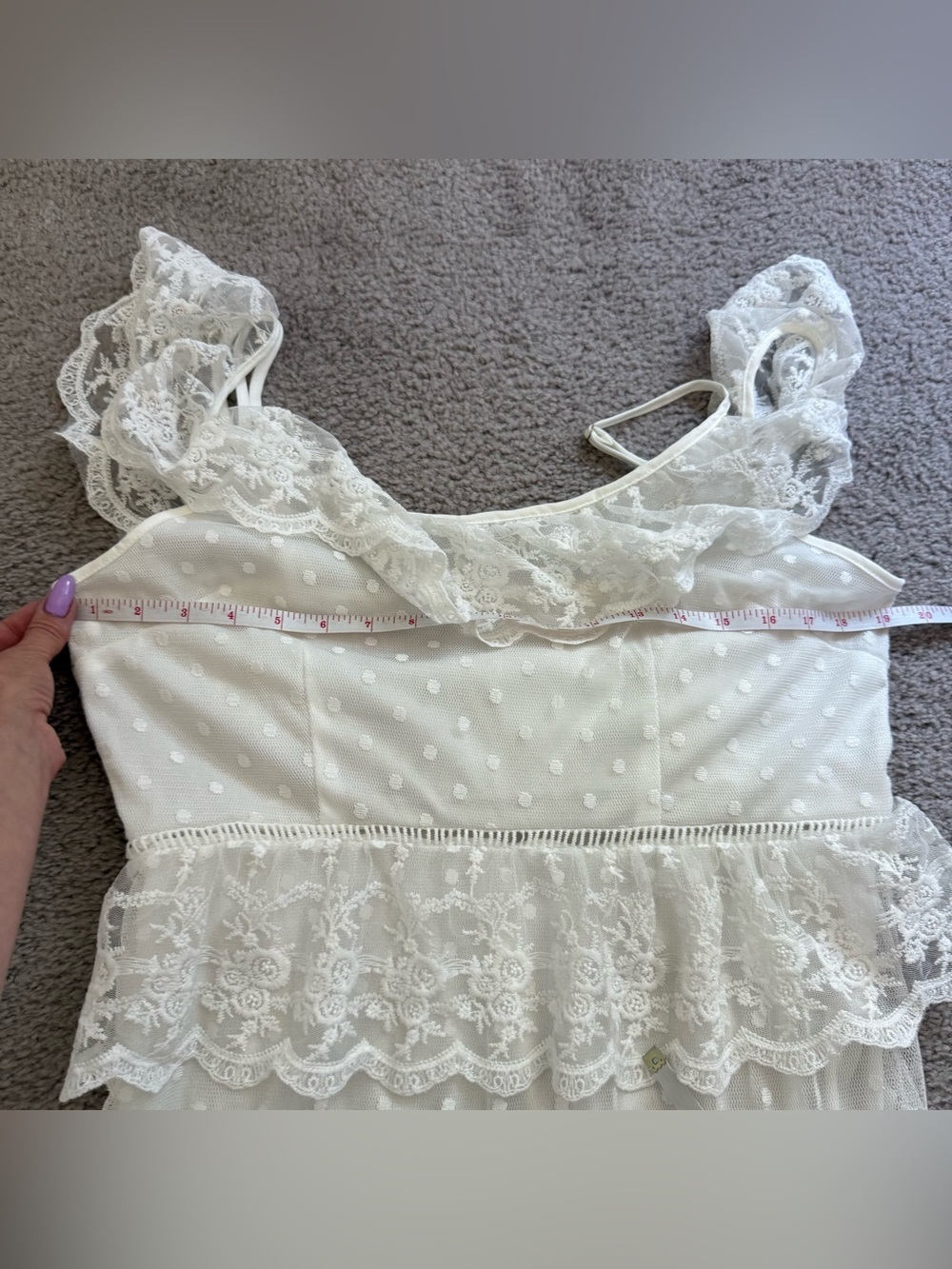 Boho White lace maxi cold shoulder tiered dress ruffles polka dots cottagecore - Picture 7 of 8
